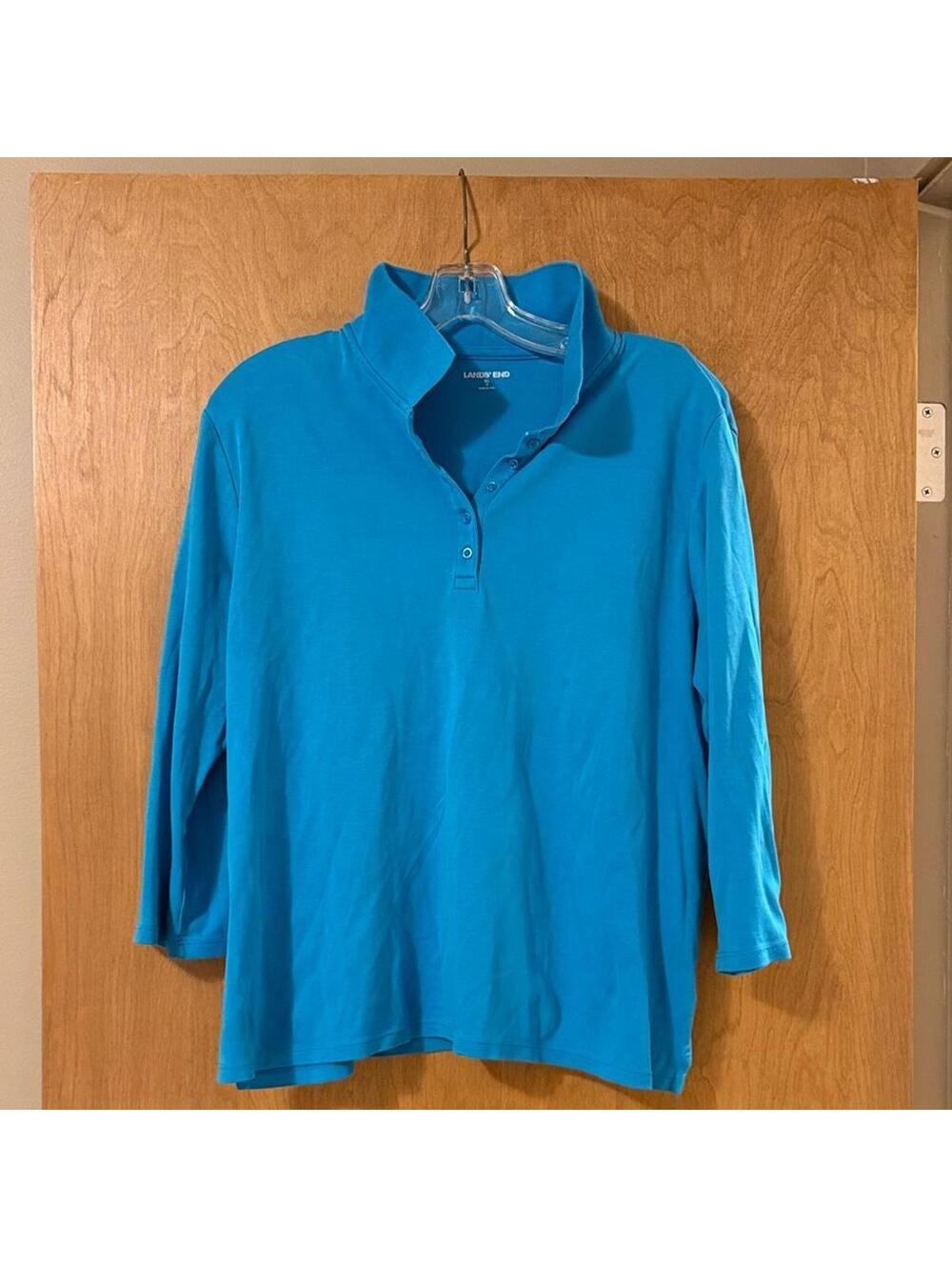 Lands' End Women's Turquoise 3/4 Sleeve Polo Top Snap Placket Size XL‎